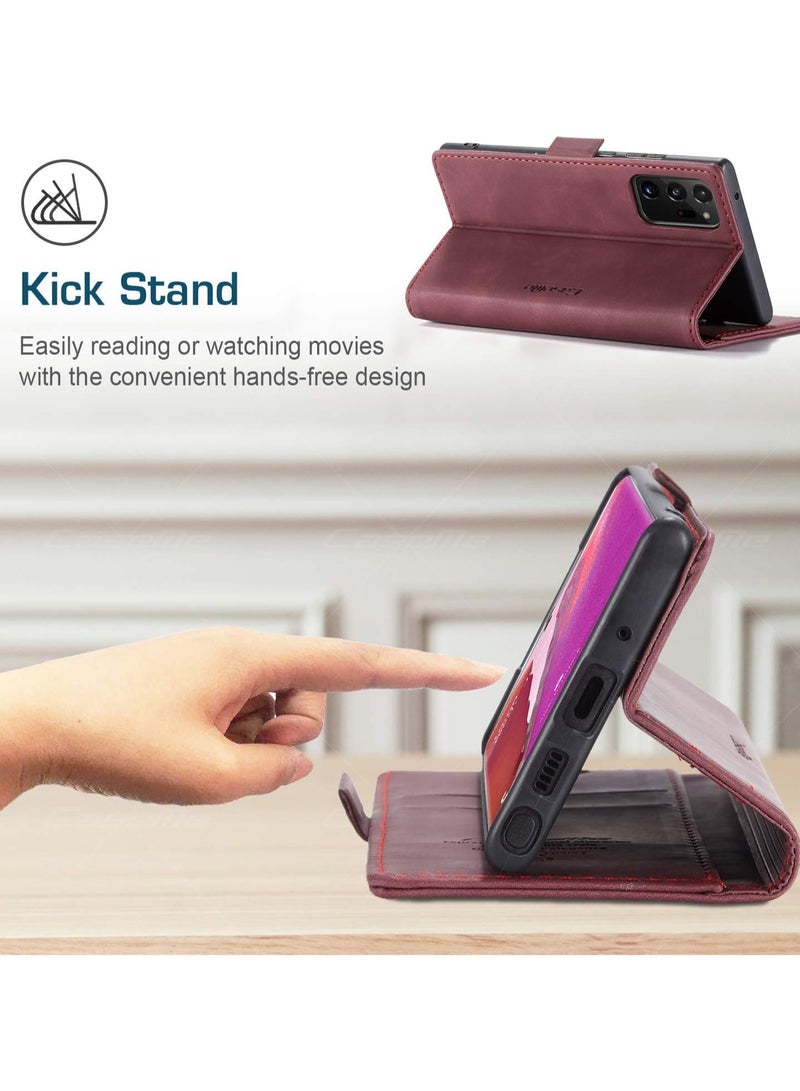 CaseMe Phone Case Luxury PU Leather Design 013 Flip Cover Card Slot Holder Cover For Samsung Galaxy Note 20 Ultra (Wine Red)  - Image 4