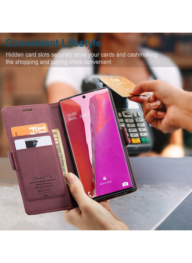 CaseMe Phone Case Luxury PU Leather Design 013 Flip Cover Card Slot Holder Cover For Samsung Galaxy Note 20 Ultra (Wine Red)  - Image 3