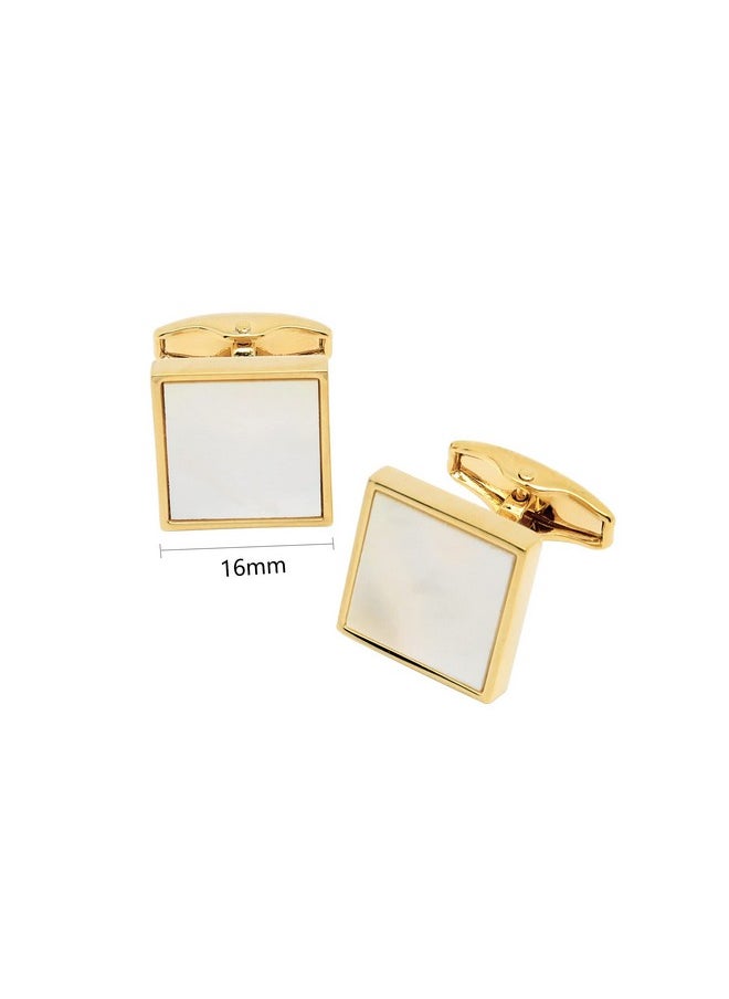 Jonwo Square Mother Of Pearl Men Cufflinks And Tie Clip Set Handmade Silver Gold Men Tie Clip Cufflinks Tie Pin For Wedding Business Shirt Necktie (Gold Plated Cufflinks Tie Clip Set)  - Image 4