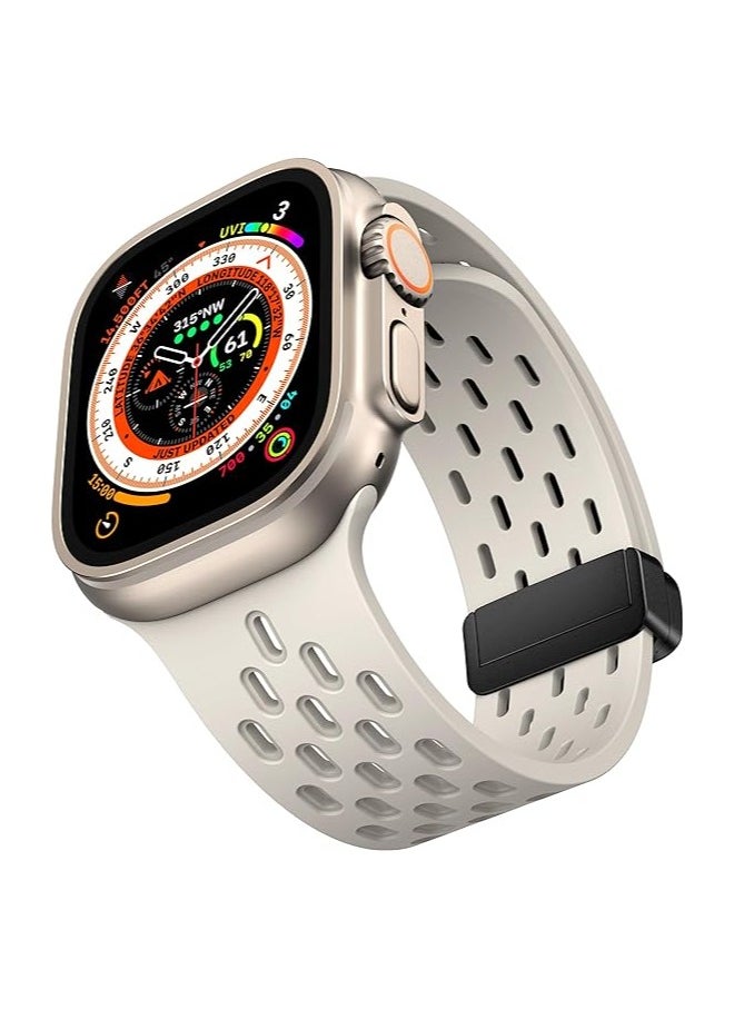ten.tech - TenTech Breathable Silicone Sports Watch Band with Magnetic Clasp for Apple Watch Ultra/Ultra 2, Size 49mm 45mm 44mm 42, Soft Band for iWatch Series 9/8/7/6/5/4/3/2 /1/SE – Starlight - Image 1