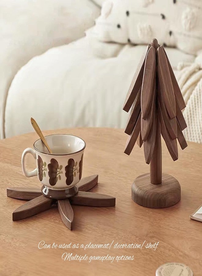 DEOLD Wooden Placemats - Tree Washer Set, Wooden Pinwheel Coaster Set with Stand for Easy Storage - for Fondue pots, Pans, Bowls, teapots, Warming Trays - Versatile Decorations (B Walnut 4 pcs) - Image 4