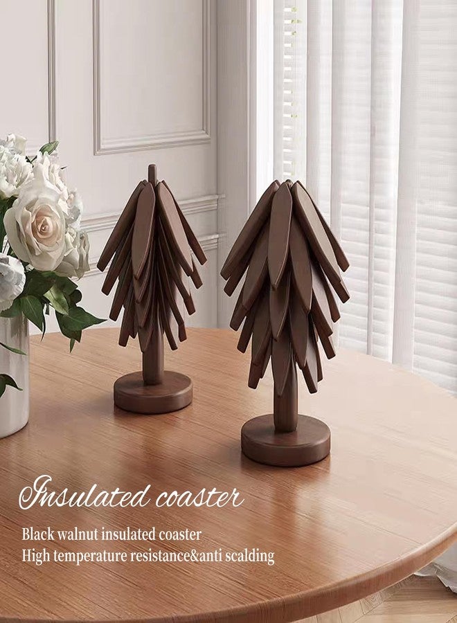 DEOLD Wooden Placemats - Tree Washer Set, Wooden Pinwheel Coaster Set with Stand for Easy Storage - for Fondue pots, Pans, Bowls, teapots, Warming Trays - Versatile Decorations (B Walnut 4 pcs) - Image 5