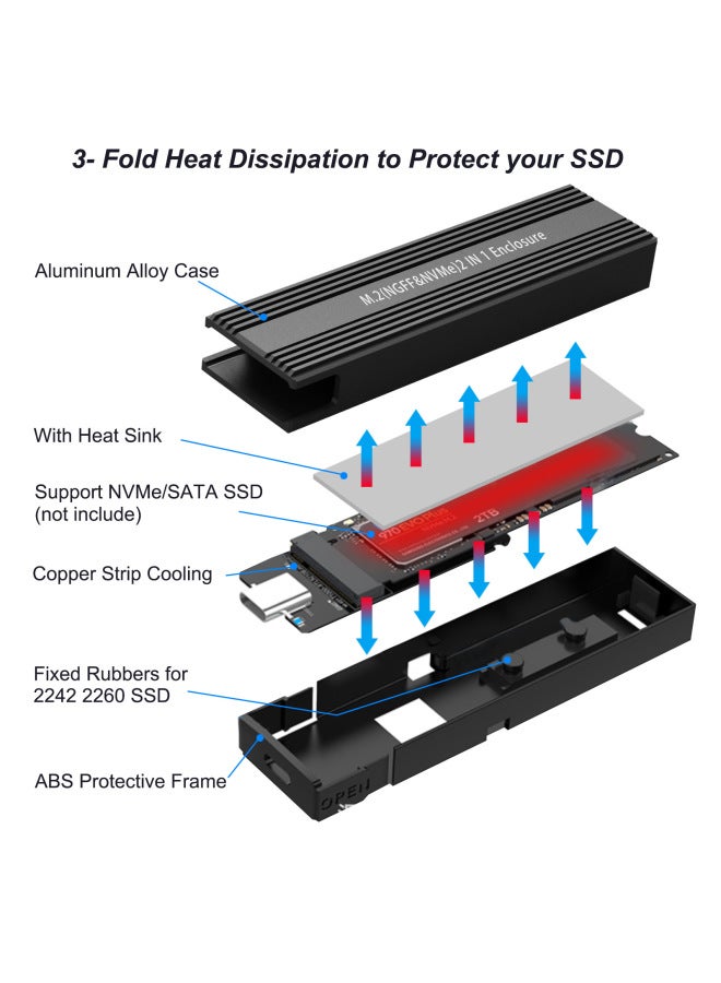 M.2 Solid State Disk Box NVMe/NGFF Dual Protocol Read And Write SSDType- C3.1 Mobile Hard Disk Box 10GB-Color:Gray Dual Protocol Double Line 9210b - Image 4