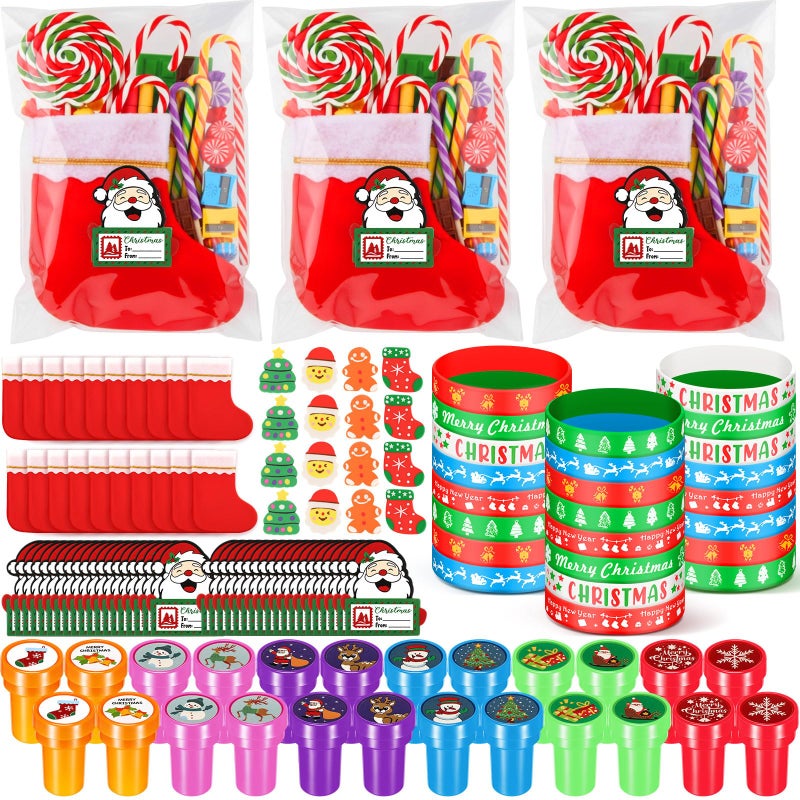 Heentan 144 Pcs Christmas Classroom Gifts for Students Xmas Goodie Bag Fillers for Party Favor Christmas Party Favors Supplies Xmas Silicone Bracelet Stampers Greeting Card Gift Exchange Prize - Image 3