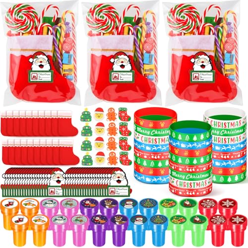 Heentan 144 Pcs Christmas Classroom Gifts for Students Xmas Goodie Bag Fillers for Party Favor Christmas Party Favors Supplies Xmas Silicone Bracelet Stampers Greeting Card Gift Exchange Prize - Image 1