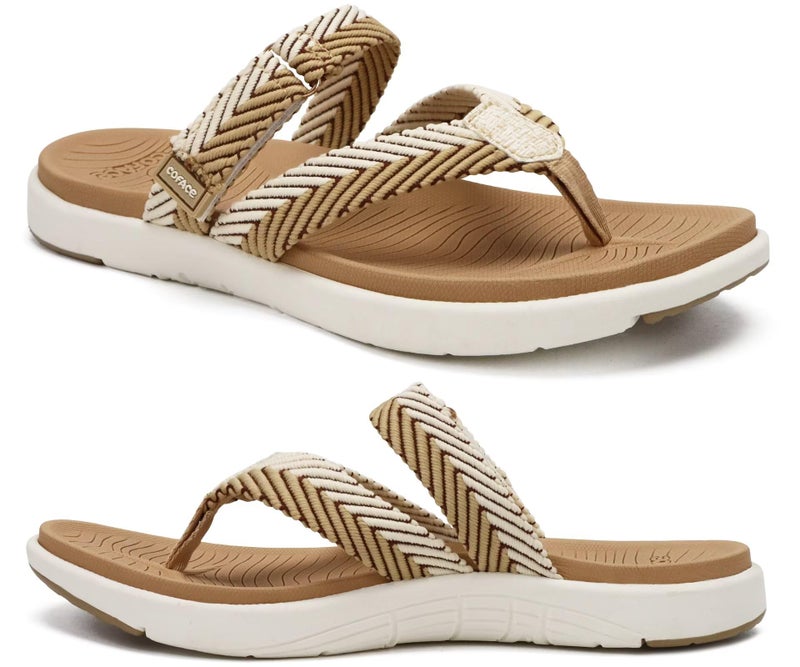 COFACE Womens Orthotic Flip Flops Ladies Slip On Sport Yoga Mat Memory Foam Cushion Recovery Walking Thong Sandals Summer Beach Pool Slippers Comfortable Plantar Fasciitis Arch Support Beige Size 9 - Image 1