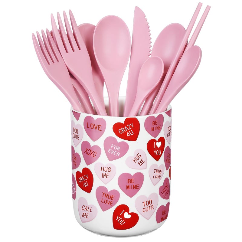 بوتشن حامل أدوات مطبخ سيراميكي من بوتشن، مناسب لعيد الحب وعيد الميلاد، مقاس 6.3 بوصة، منظم تخزين لسطح المطبخ، وعاء أدوات على شكل جرة مزين بكلمات حب، مثالي لتزيين طاولة الطعام في المطبخ أو في ذكرى الزواج أو الزفاف. - Image 1