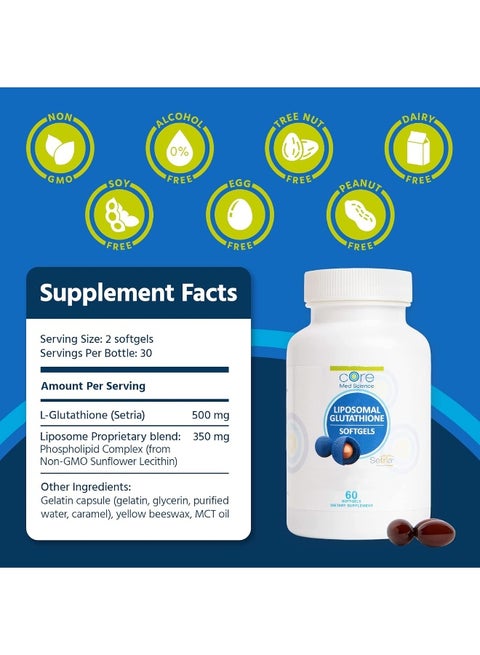 Core Med Science Core Med Science Liposomal Glutathione Soft Gels No-Taste Pure Reduced 500mg Liver Detox, Brain Function | Best Price Bahrain