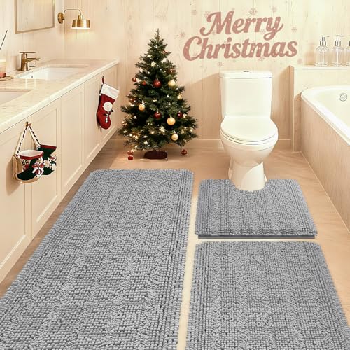 ACCUMTEK Striped Light Grey Bathroom Rug Set 3 Pieces Gray Ultra Soft, Non Slip Chenille Toilet Mat, Absorbent Plush Shaggy Bath Mats for Bathroom, Bedroom, Kitchen - Image 1