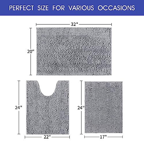 ACCUMTEK Striped Light Grey Bathroom Rug Set 3 Pieces Gray Ultra Soft, Non Slip Chenille Toilet Mat, Absorbent Plush Shaggy Bath Mats for Bathroom, Bedroom, Kitchen - Image 5