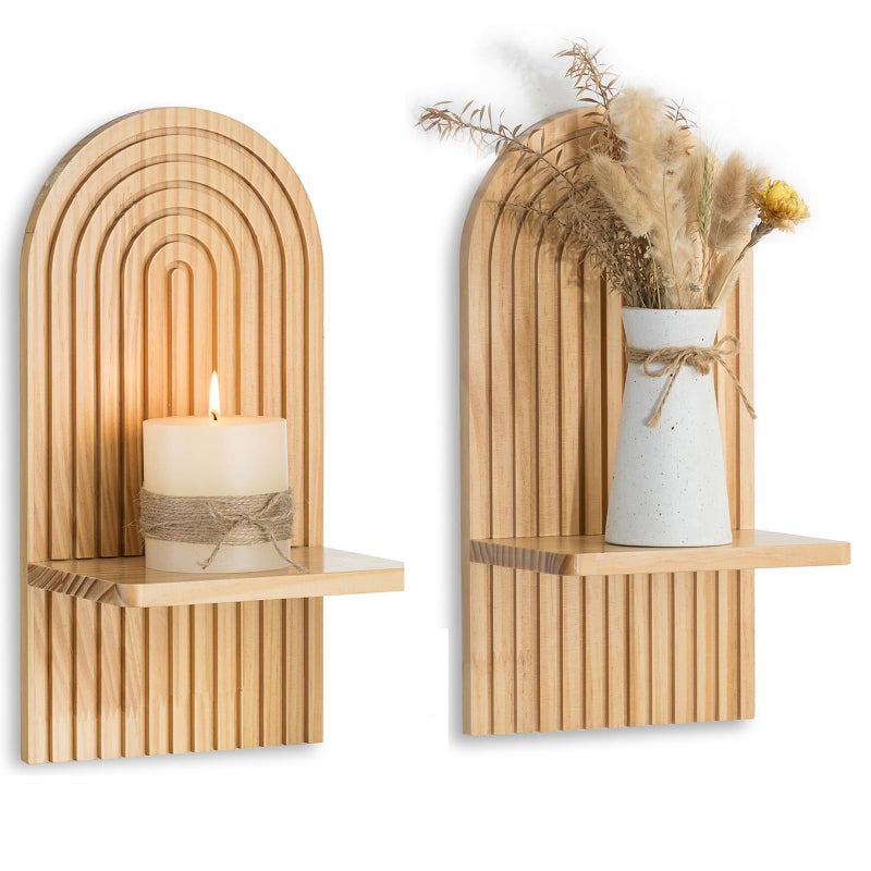 Walasis Boho Wall Decor Set of Two  Natural Modern Minimalist Mid Century Wall Candle Holder for Living Room  Wood Bohemian Decor for Bathroom Nursery Bedroom