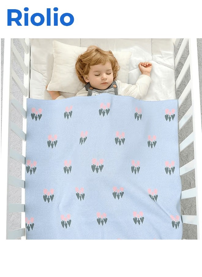 Riolio Baby Blanket Cotton Knit Infant Girl Boys Bed Quilt 90*70CM Plaid Newborn Stroller Swaddle Super Soft Covers Cute Cartoon Tulips  - Image 2