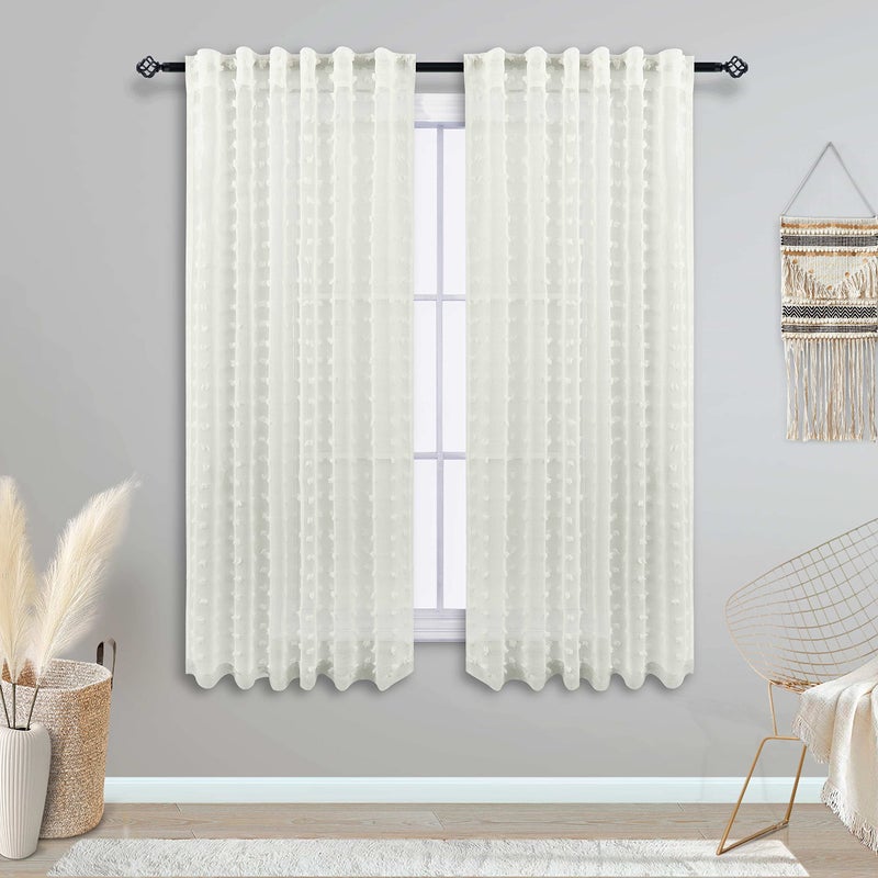 KOUFALL Cafe Curtains 45 Inch Length for Kitchen Window Rod Pocket Farmhouse Pom Pom Short Curtain Sheers for Bathroom Small Window Cream Ivory Off White - Image 2