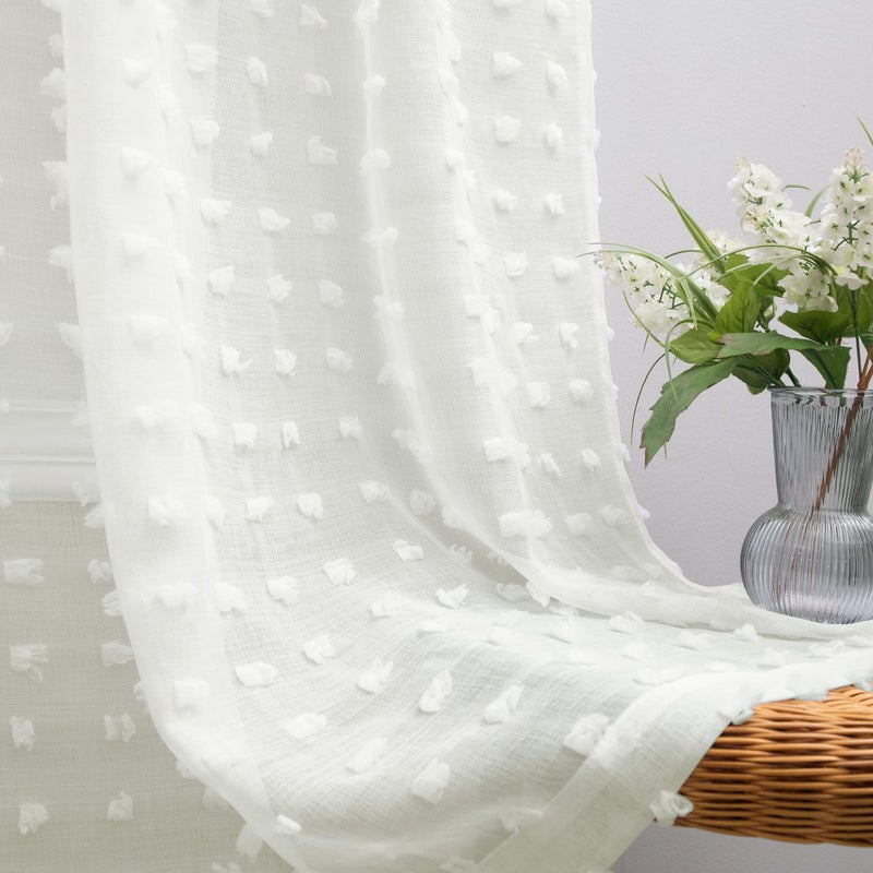 KOUFALL Cafe Curtains 45 Inch Length for Kitchen Window Rod Pocket Farmhouse Pom Pom Short Curtain Sheers for Bathroom Small Window Cream Ivory Off White - Image 1