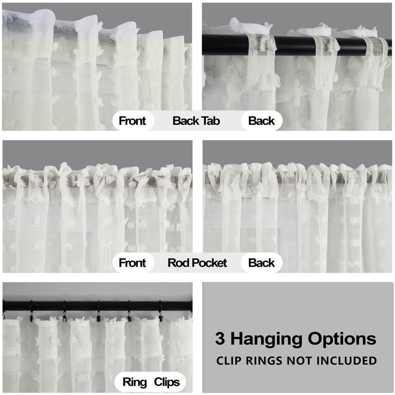 KOUFALL Cafe Curtains 45 Inch Length for Kitchen Window Rod Pocket Farmhouse Pom Pom Short Curtain Sheers for Bathroom Small Window Cream Ivory Off White - Image 3