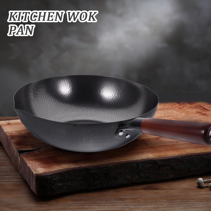 Non-stick Iron Wok 32cm Thick Forged Solid Iron Pan Kitchen Cookware for Home Stir-fry and Deep Frying with Wooden Handle - Image 3