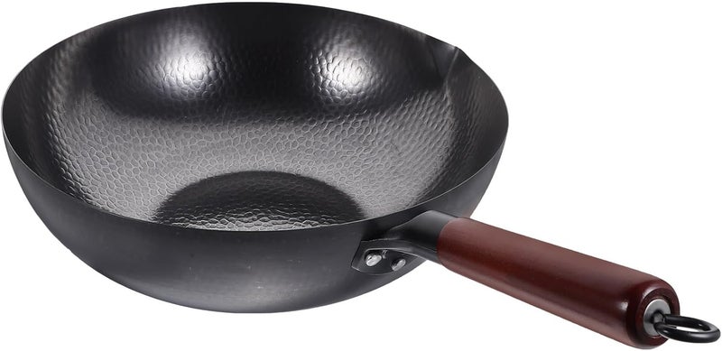 Non-stick Iron Wok 32cm Thick Forged Solid Iron Pan Kitchen Cookware for Home Stir-fry and Deep Frying with Wooden Handle - Image 1