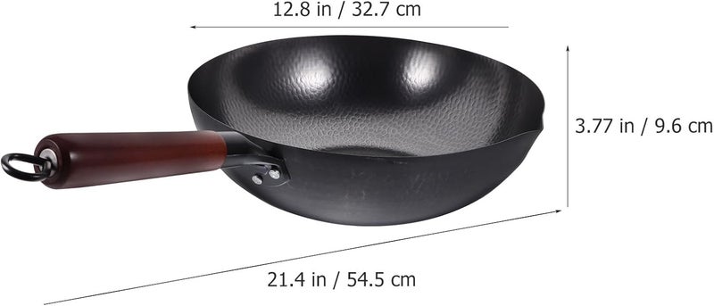 Non-stick Iron Wok 32cm Thick Forged Solid Iron Pan Kitchen Cookware for Home Stir-fry and Deep Frying with Wooden Handle - Image 2