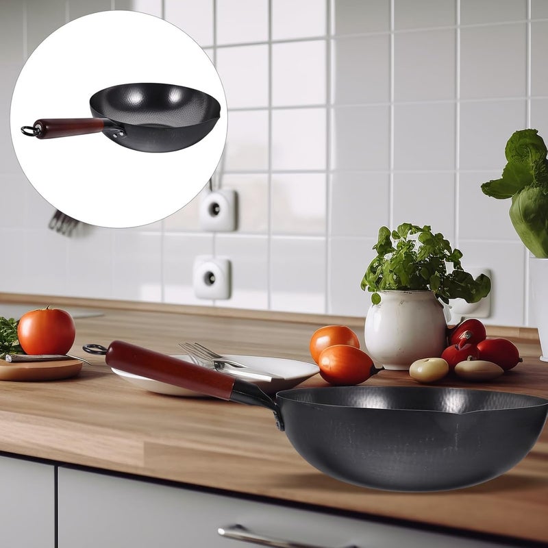 Non-stick Iron Wok 32cm Thick Forged Solid Iron Pan Kitchen Cookware for Home Stir-fry and Deep Frying with Wooden Handle - Image 4