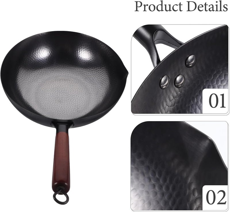 Non-stick Iron Wok 32cm Thick Forged Solid Iron Pan Kitchen Cookware for Home Stir-fry and Deep Frying with Wooden Handle - Image 5