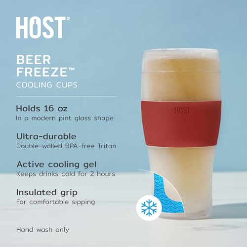 Host FREEZE Beer Glasses Frozen Brew Mugs Freezable Pint Glass Set Insulated Beer Glass to Keep Your Drinks Cold Double Walled Insulated Glasses Gift for Dad 16oz Set of 2 Crimson Red - Image 3