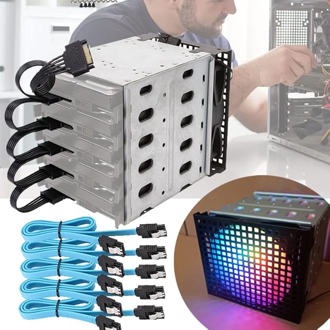rayihni نسخة مطورة 5 حاوية تركيب قرص صلب 3.5 بوصة داخلية 5.25 بوصة إلى 5x 3.5 مجموعة تركيب HDD حاوية مخصصة لـ CHIA مع كابلات SATA وكابلات الطاقة (HDD غير مدرج) - Image 1