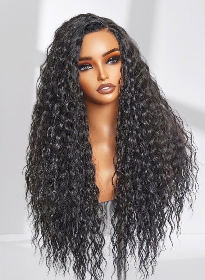 GORGIUS Glueless Water Wave Lace Front Wig Bohemian Synthetic Curly Wig Pre Cut Side Part Closure Wig with Natural Hairline 28 Inch Natural Black Long Wig For Women - Image 1