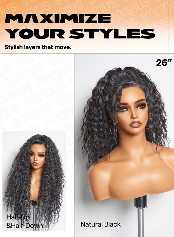 GORGIUS Glueless Water Wave Lace Front Wig Bohemian Synthetic Curly Wig Pre Cut Side Part Closure Wig with Natural Hairline 28 Inch Natural Black Long Wig For Women - Image 4