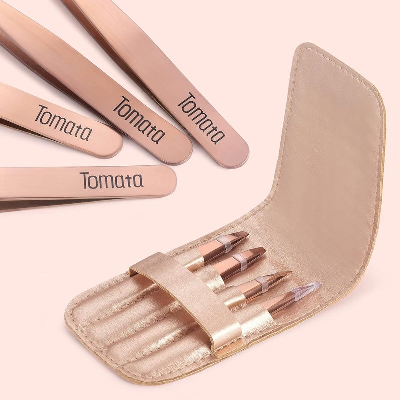 Tomata Tweezers for Eyebrows, Slant Tip and Pointed Eyebrow Tweezer Set Great Precision for Eyebrows Facial Hair, Ingrown Hair, Splinter, Blackhead and Tick Remover (4-piece) (Gold) - Image 4