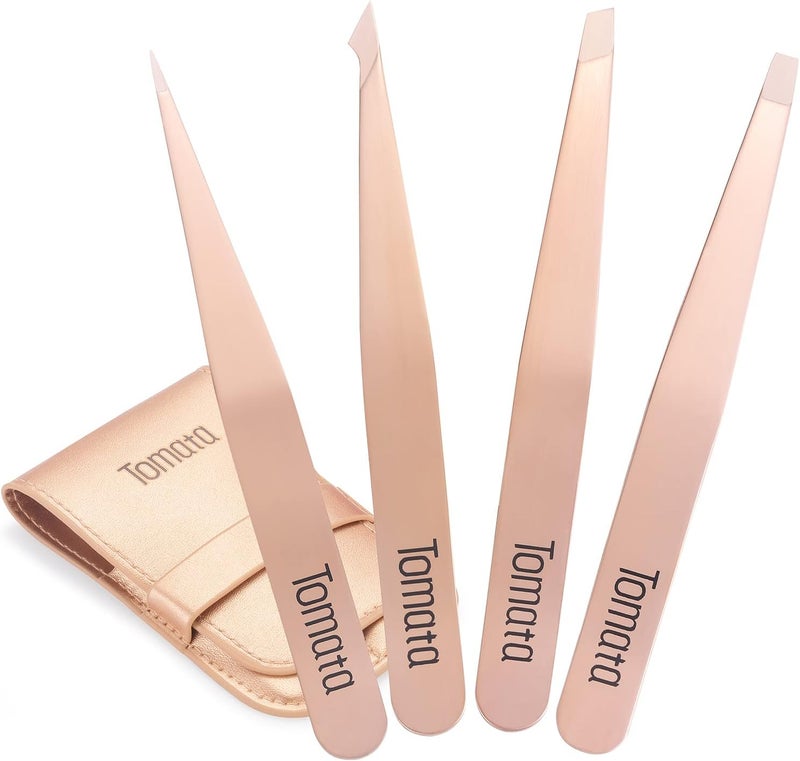Tomata Tweezers for Eyebrows, Slant Tip and Pointed Eyebrow Tweezer Set Great Precision for Eyebrows Facial Hair, Ingrown Hair, Splinter, Blackhead and Tick Remover (4-piece) (Gold) - Image 1