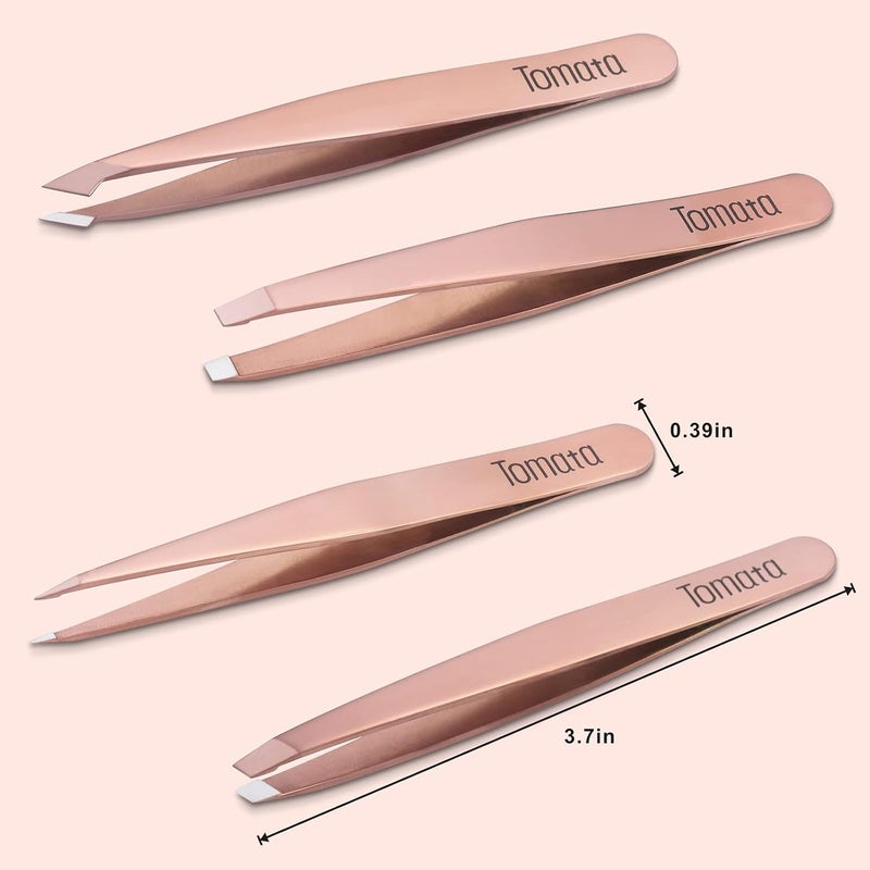 Tomata Tweezers for Eyebrows, Slant Tip and Pointed Eyebrow Tweezer Set Great Precision for Eyebrows Facial Hair, Ingrown Hair, Splinter, Blackhead and Tick Remover (4-piece) (Gold) - Image 5