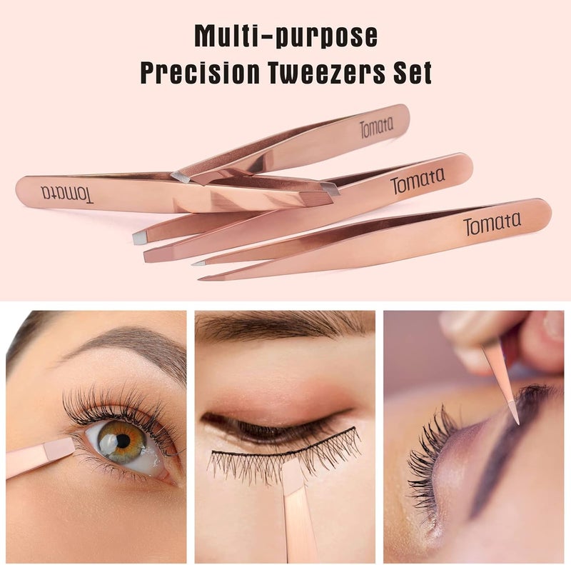 Tomata Tweezers for Eyebrows, Slant Tip and Pointed Eyebrow Tweezer Set Great Precision for Eyebrows Facial Hair, Ingrown Hair, Splinter, Blackhead and Tick Remover (4-piece) (Gold) - Image 3