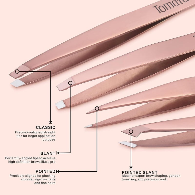 Tomata Tweezers for Eyebrows, Slant Tip and Pointed Eyebrow Tweezer Set Great Precision for Eyebrows Facial Hair, Ingrown Hair, Splinter, Blackhead and Tick Remover (4-piece) (Gold) - Image 2