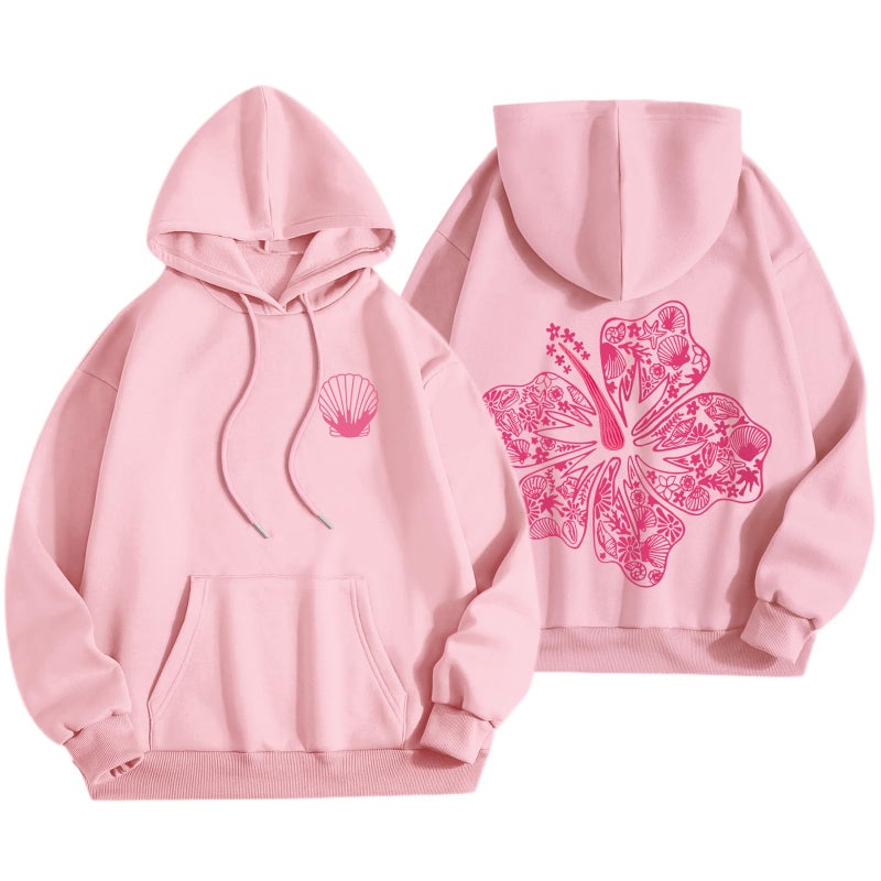 Lubpow Womens Cute Pink Flower Hoodie Aesthetic Preppy Hawaiian Hibiscus Sweatshirt Casual Puff Graphic Hoodies Pullover Tops(Pink,M) - Image 1