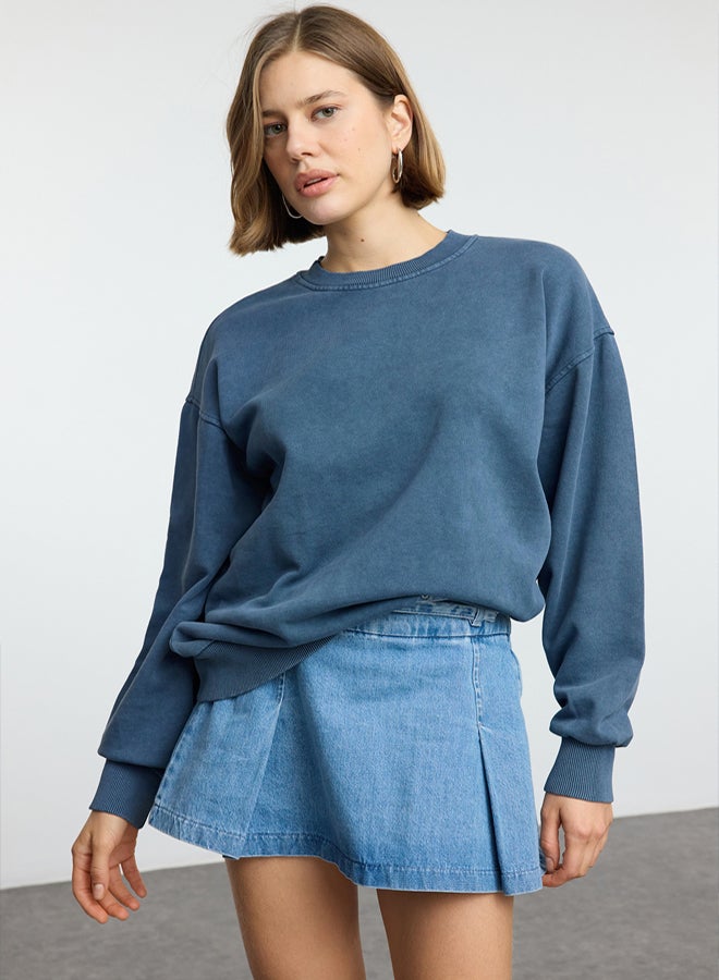 trendyol Washed Oversize/Relaxed Fit Basic Crew Neck Knitted Sweatshirt TWOAW24SW00102 - Image 1