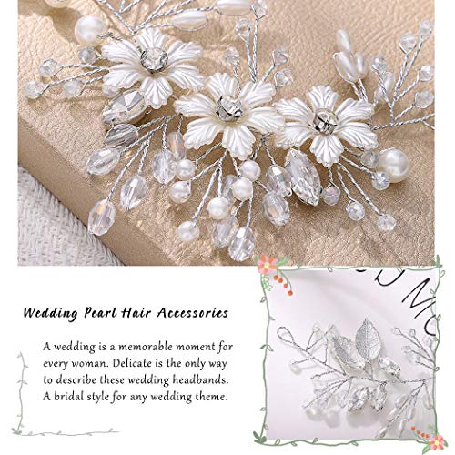 Unicra Bride Flower Wedding Hair Vine Leaf Silver Bridal Hair Piece Pearls Hair Accessories for Women and Girls - Image 4