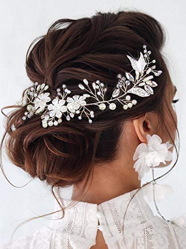 Unicra Bride Flower Wedding Hair Vine Leaf Silver Bridal Hair Piece Pearls Hair Accessories for Women and Girls - Image 5