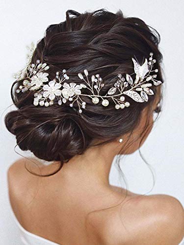 Unicra Bride Flower Wedding Hair Vine Leaf Silver Bridal Hair Piece Pearls Hair Accessories for Women and Girls - Image 1
