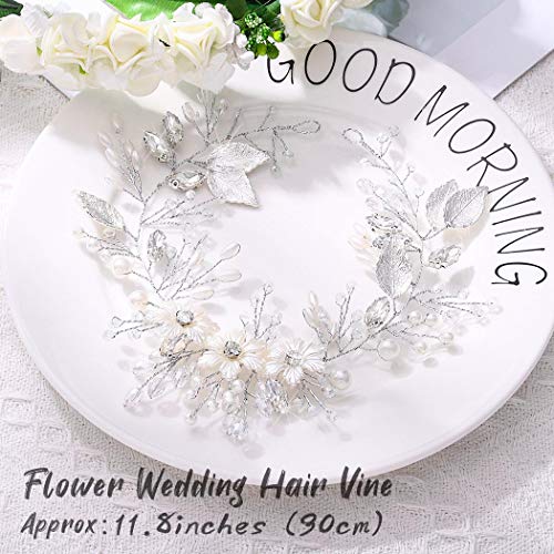 Unicra Bride Flower Wedding Hair Vine Leaf Silver Bridal Hair Piece Pearls Hair Accessories for Women and Girls - Image 2