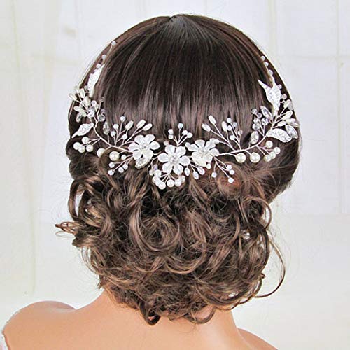 Unicra Bride Flower Wedding Hair Vine Leaf Silver Bridal Hair Piece Pearls Hair Accessories for Women and Girls - Image 3