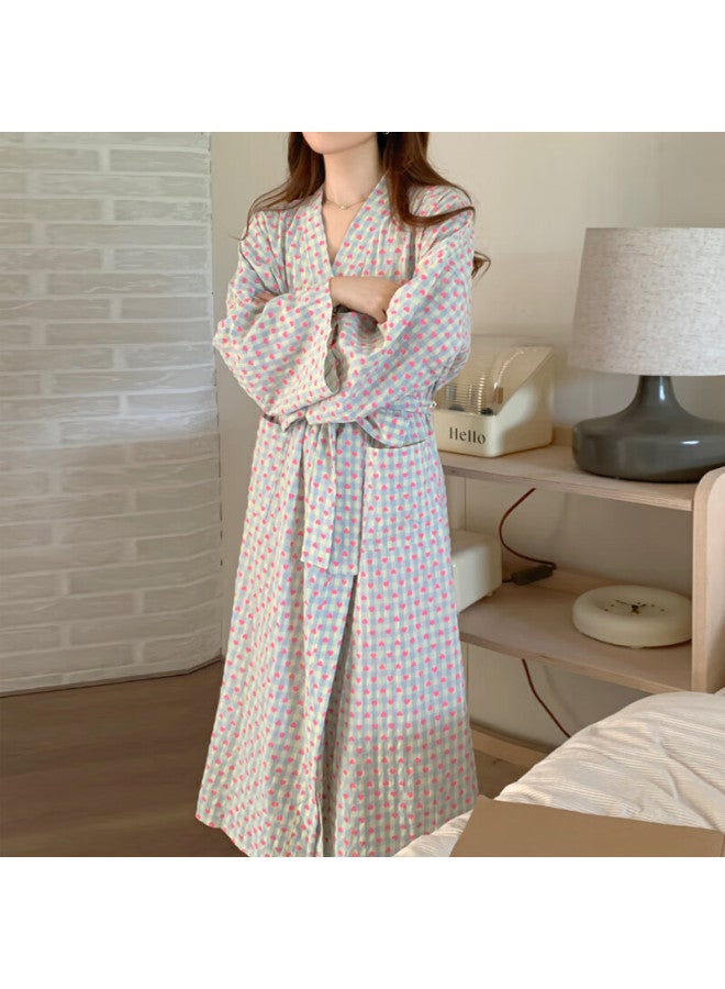 Yuzhaolin Style Pajamas Bathrobe Women's Nightgown Spring Sweet Love Heart Grid Loose Long Sleeve Long Style Wind Kimono - Image 3