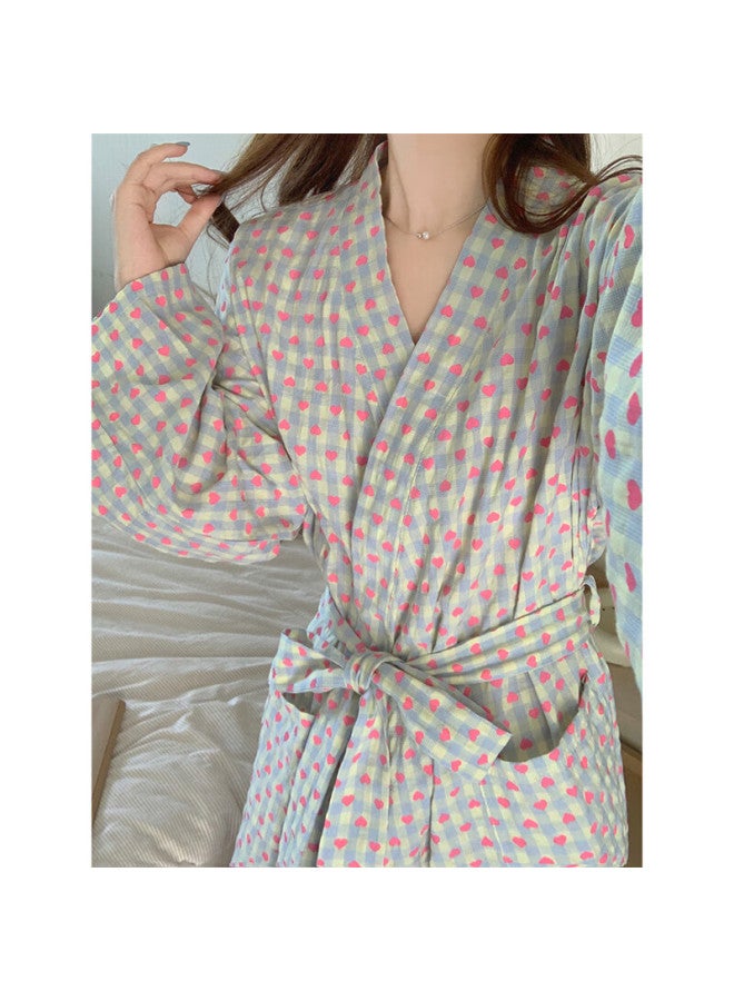 Yuzhaolin Style Pajamas Bathrobe Women's Nightgown Spring Sweet Love Heart Grid Loose Long Sleeve Long Style Wind Kimono - Image 4