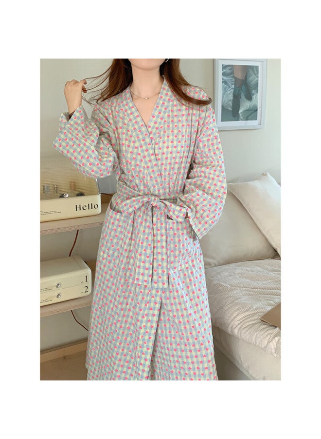 Yuzhaolin Style Pajamas Bathrobe Women's Nightgown Spring Sweet Love Heart Grid Loose Long Sleeve Long Style Wind Kimono - Image 1