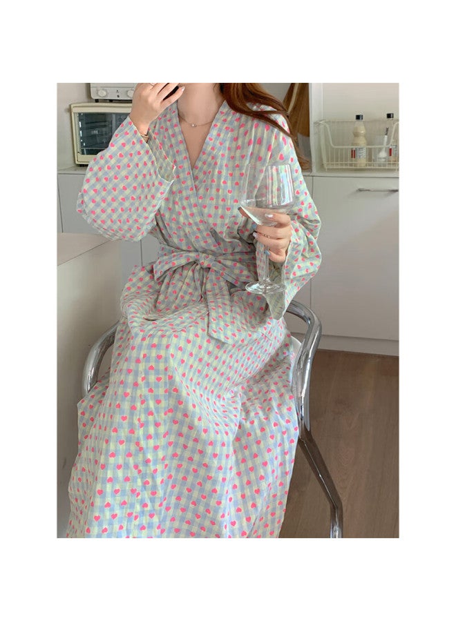 Yuzhaolin Style Pajamas Bathrobe Women's Nightgown Spring Sweet Love Heart Grid Loose Long Sleeve Long Style Wind Kimono - Image 2