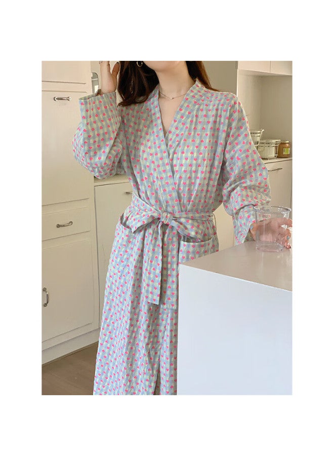 Yuzhaolin Style Pajamas Bathrobe Women's Nightgown Spring Sweet Love Heart Grid Loose Long Sleeve Long Style Wind Kimono - Image 5