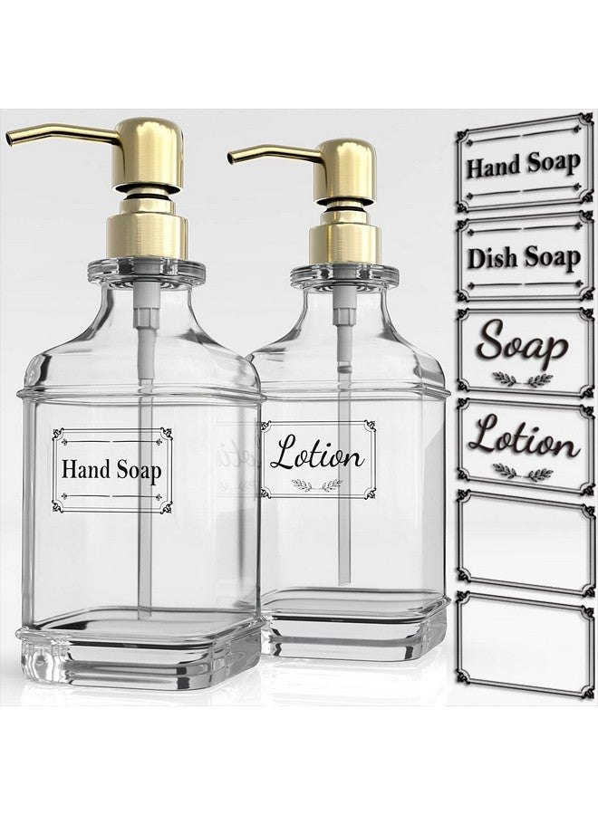 GLADPURE GLADPURE Soap Dispenser - 2 Pack, 18 Oz Antique Design Thick Glass Hand Soap Dispensers; with 304 Rust Proof Stainless Steel Pump, 6Pcs Clear Stickers, for Kitchen, Bathroom - Gold - Image 1