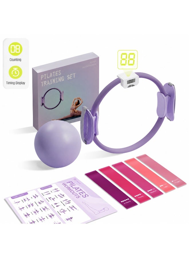 WALALLA Smart Pilates Ring Set with Counter, 14 Inch Pilates Circle with Adjustable Strap, 5 TPE Resistance Bands, 9.8 Inch Pilates Ball, Home Workout Kit for Women, Core Thigh Glute Yoga Training - Image 1