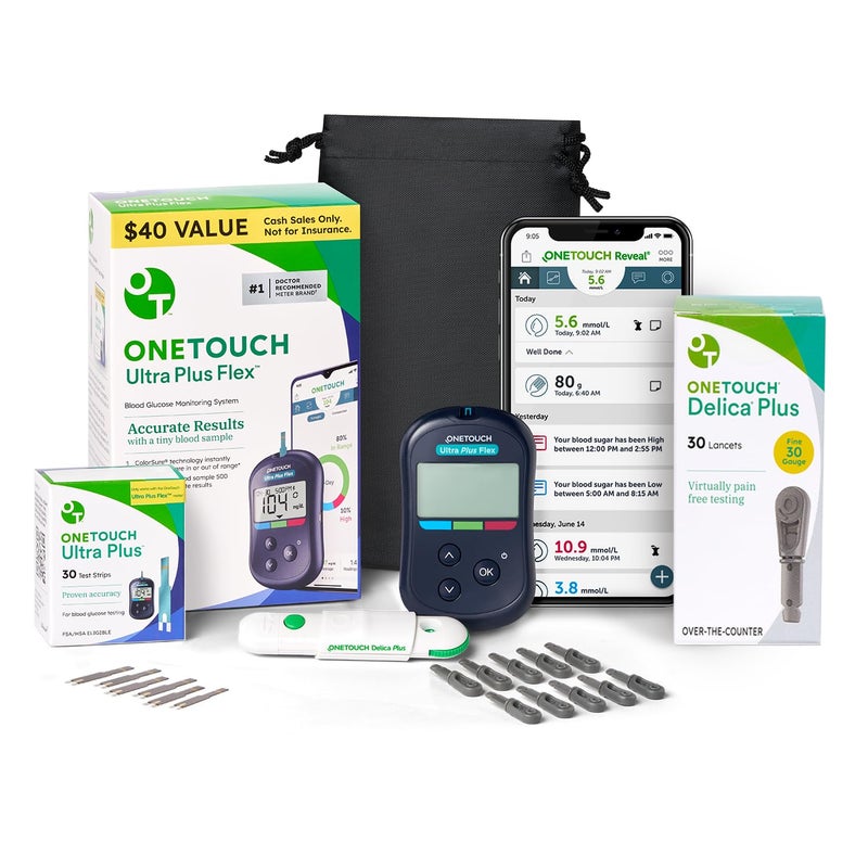 OneTouch Ultra Plus Flex Value Diabetes Testing Kit | Blood Sugar Test Kit Includes 1 Blood Glucose Meter, 1 Lancing Device, 30 Lancets, 30 Diabetic Test Strips, & Carrying Case - Image 1