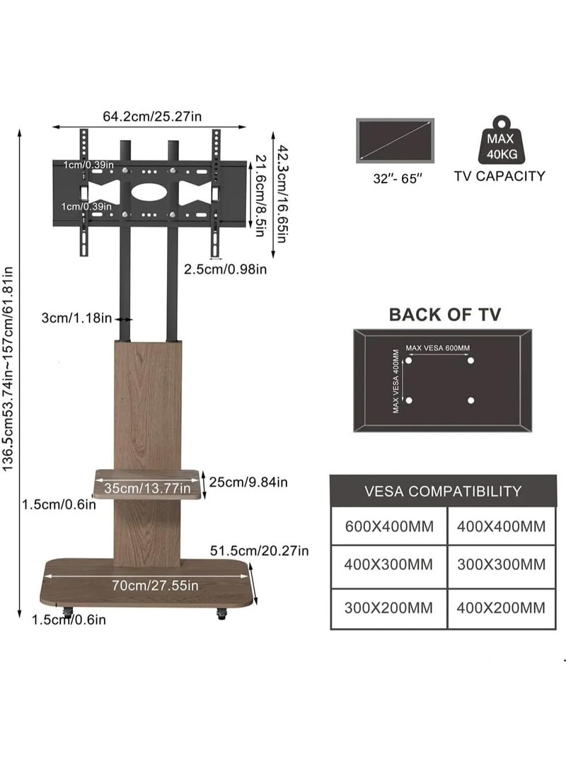 Rubik Wooden Style Floor TV Trolley Stand with Wheels for 32-65 Inch TVs, Holds 40KG Display Weight - Image 4