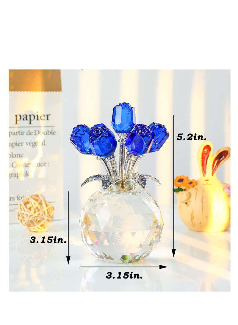Excefore Crystal Blue Rose Flower Figurine, with Round Vase, Handmade Crystal Flower Figurine, Home Table Bouquet Flowers Decor Figurines, for Wife Girlfriend Women Valentines Day Birthday - Image 2